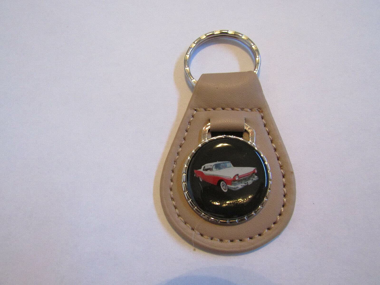 1957 FAIRLANE SUNLINER RED & WHITE CAR LOGO LEATHER KEYCHAIN - BEIGE