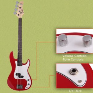 GLARRY Full Size Electric Bass Guitar Beginner Kit 4 String Exquisite Basswood Bass with 20W AMP, Cable, Strap, Bag and Accessories (Red)