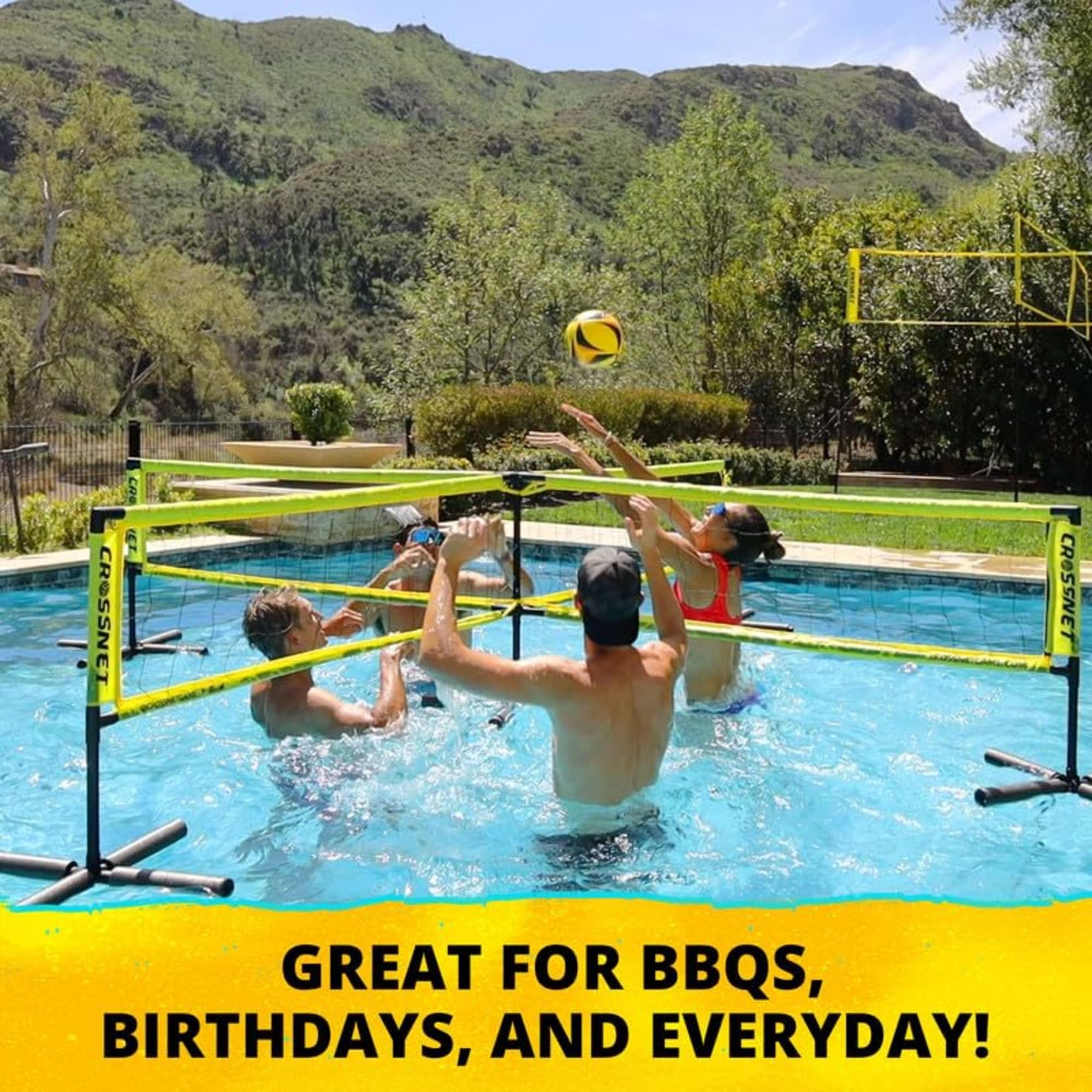 CROSSNET H2O Volleyball Pool Game for Adults and Family - Four Square Net Pool Game - Quick Assemble & Portable - Volleyball Set for Inground Pools - Perfect Pool Toys for Families W/Accessories