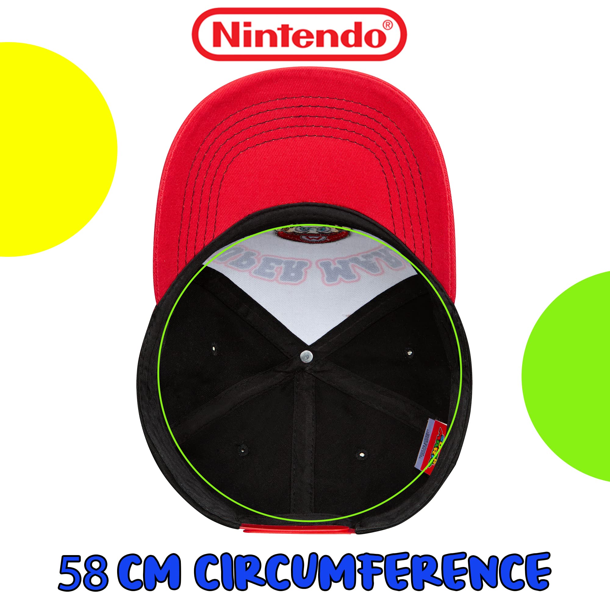 Nintendo Super Mario Men's Baseball Cap Hat - Adjustable Snap Closure - 100% Cotton Red-Black Adult Size