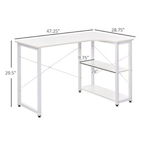 HOMCOM Industrial L-Shaped Computer Desk with 2 Side Shelves and Steel Frame, Corner Desk, Study Workstation for Home Office, White