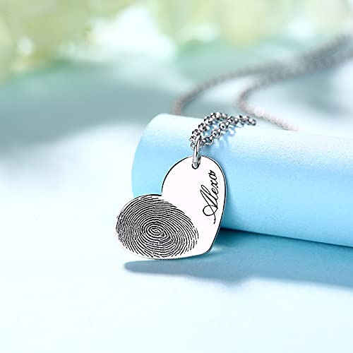 AILIN Custom Heart Fingerprint Necklace Sterling Silver 925 Personalized Father Baby Fingerprint Name Pendant Mother Day Memorial Jewelry Family Anniversary Birthday Gifts For Women Grandmother