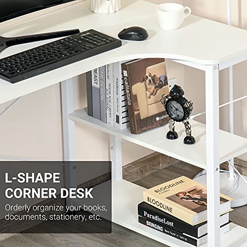 HOMCOM Industrial L-Shaped Computer Desk with 2 Side Shelves and Steel Frame, Corner Desk, Study Workstation for Home Office, White