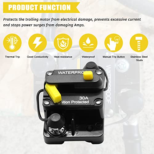 30Amp Circuit Breaker,12V-48V DC Fuse Holder with Reset Button for Car Audio Amps Overload Protection(30A)