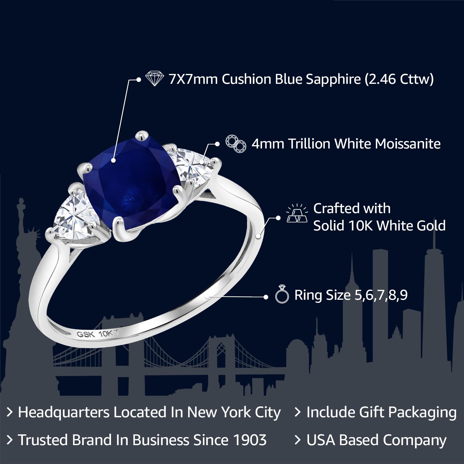 Gem Stone King 10K White Gold Blue Sapphire and White Moissanite Engagement Ring | 2.46 Cttw | 7MM Cushion and 4MM Trillion | 3 Stone Wedding Engagement Anniversary Promise Ring For Women (Size 6)