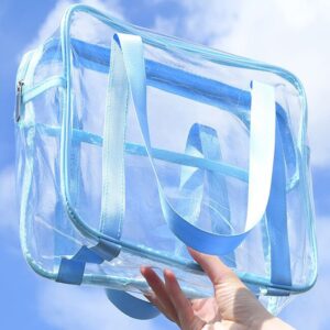 SxoSyo Clear Makeup Bags Large Travel Toiletry Bag for Women Transparent Bag with Handle Clear Cosmetic Bags Bathroom Organizer Bag PVC Zipper Closure Handbag Beach Bag (light blue)