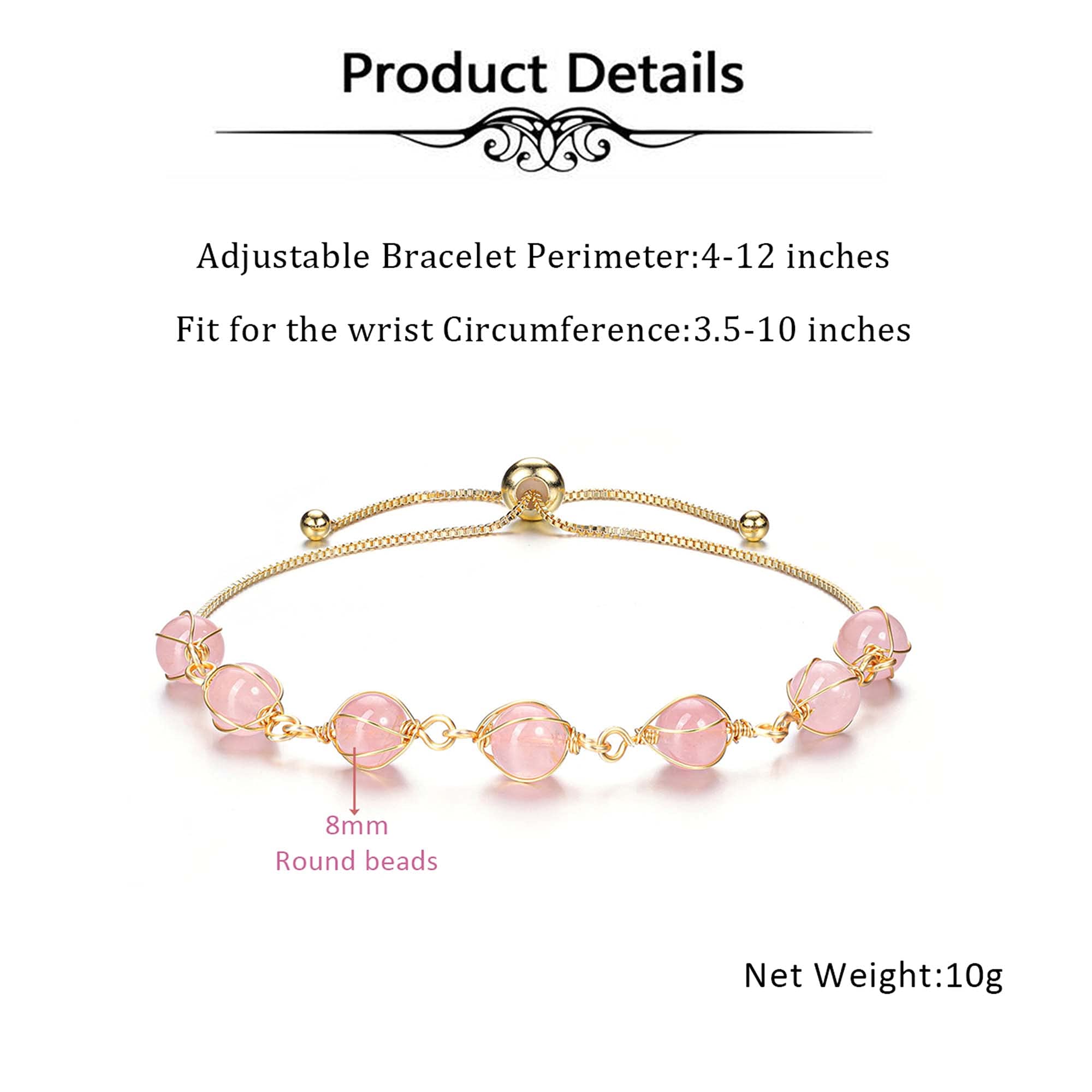 Top Plaza Natural Rose Quartz Crystal Bracelets Healing Crystal Stone Bead Bracelet 14K Gold Plated Ankle Bracelets Healing Quartz Jewelry for BF Mom Wife Birthday Christmas Gifts