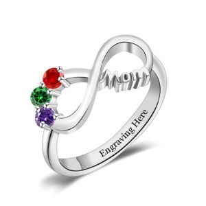 BAUMA Personalized Infinity Mothers Rings with 1-6 Heart Simulated Birthstones Promise Rings for Her Engraved Name Rings for Mother's Day Wife Best Friend Birthday Gift (Sliver-5)