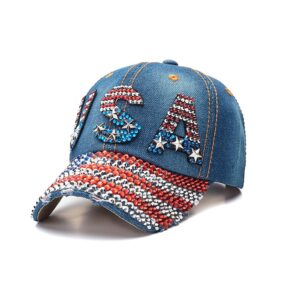 Gamusi Unisex USA American Flag Baseball Cap Denim Distressed Rhinestone Hat for Adults (USA Letters)