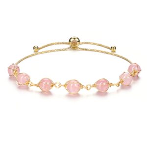 top plaza natural rose quartz crystal bracelets healing crystal stone bead bracelet 14k gold plated ankle bracelets healing quartz jewelry for bf mom wife birthday christmas gifts