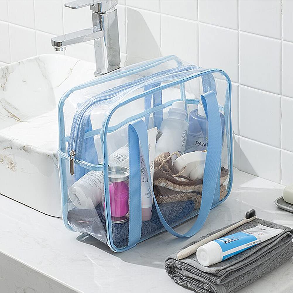 SxoSyo Clear Makeup Bags Large Travel Toiletry Bag for Women Transparent Bag with Handle Clear Cosmetic Bags Bathroom Organizer Bag PVC Zipper Closure Handbag Beach Bag (light blue)