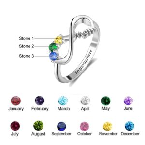 BAUMA Personalized Infinity Mothers Rings with 1-6 Heart Simulated Birthstones Promise Rings for Her Engraved Name Rings for Mother's Day Wife Best Friend Birthday Gift (Sliver-5)