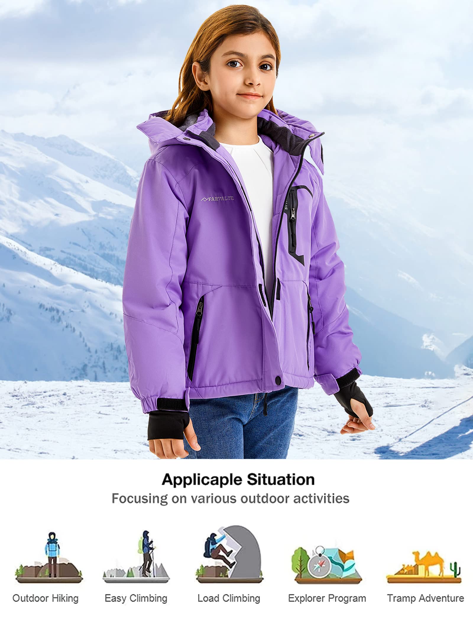 FARVALUE Girls Waterproof Skiing Jacket Windproof Winter Coat Warm Snow Coat with Removable Hood Purple 8