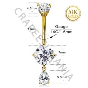 CM Crareesi Mania 10K Solid Gold Belly Button Ring Dangle 10K Yellow Gold Belly Rings 14G Navel Piercing Jewelry Teardrop Belly Bars