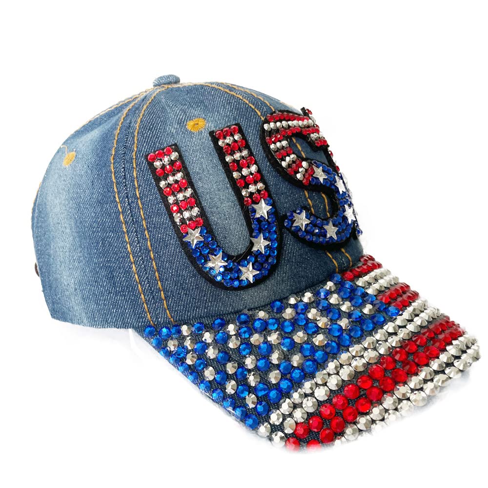 Gamusi Unisex USA American Flag Baseball Cap Denim Distressed Rhinestone Hat for Adults (USA Letters)