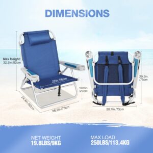 RedSwing Portable Backpack Beach Chair, Multi-Position Folding Low Beach Chair for Adults, Aluminum Heavy Duty Compact Chair for Concert, Beach, Picnic, 2 Pack of Blue