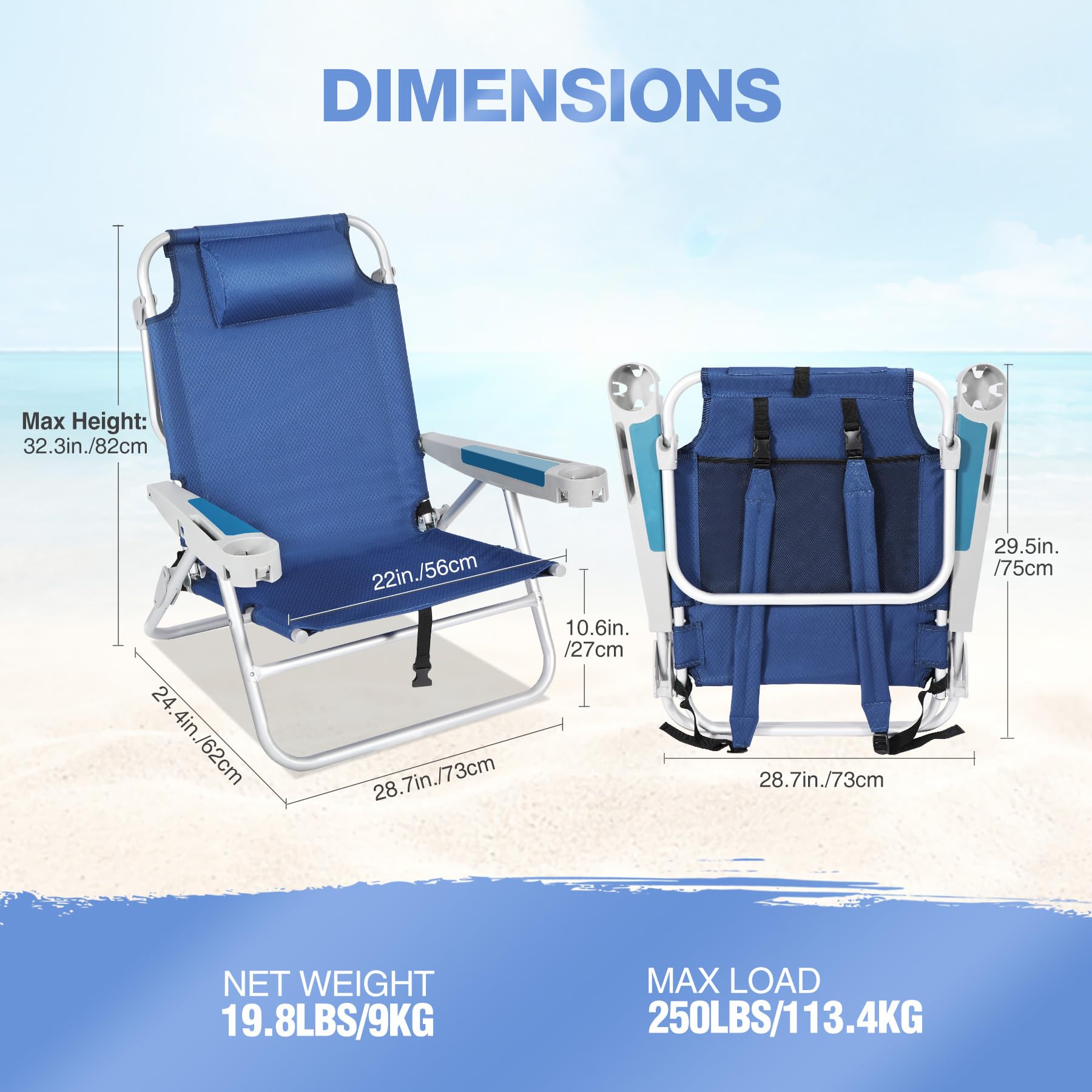 RedSwing Portable Backpack Beach Chair, Multi-Position Folding Low Beach Chair for Adults, Aluminum Heavy Duty Compact Chair for Concert, Beach, Picnic, 2 Pack of Blue