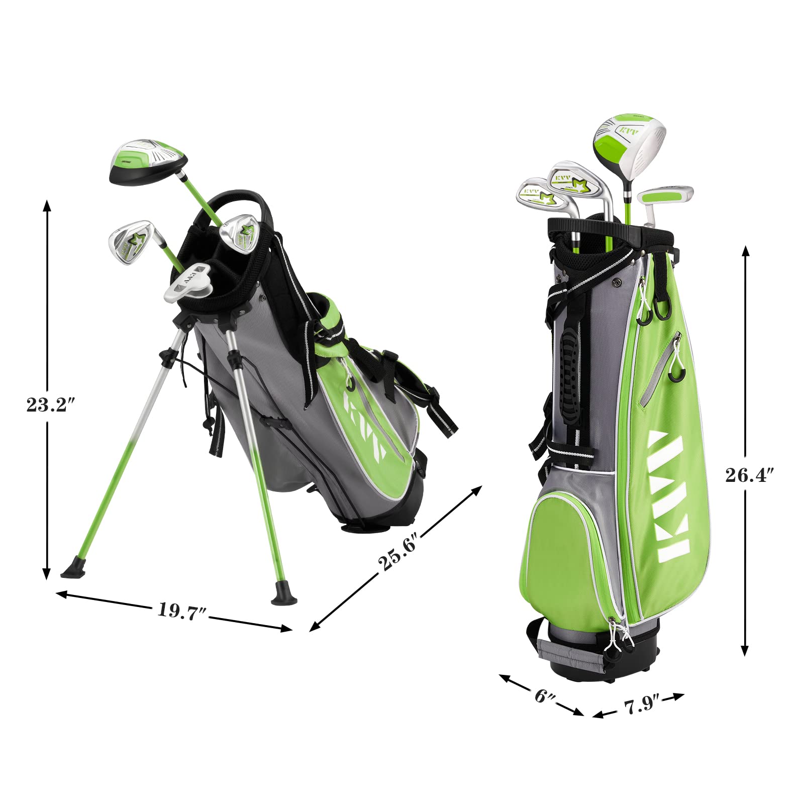 KVV Junior Complete Golf Club Set for Kids/Children Right Hand, 4-Piece Set Includes Oversize Driver, S# & 7# Irons, Putter, Head Cover, Portable Golf Stand Bag(Lime8-10)