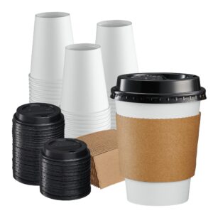 Comfy Package [12 oz. - 100 Sets Disposable Coffee Cups with Lids and sleeves - To Go Paper Hot Cups for Travel and Office Use