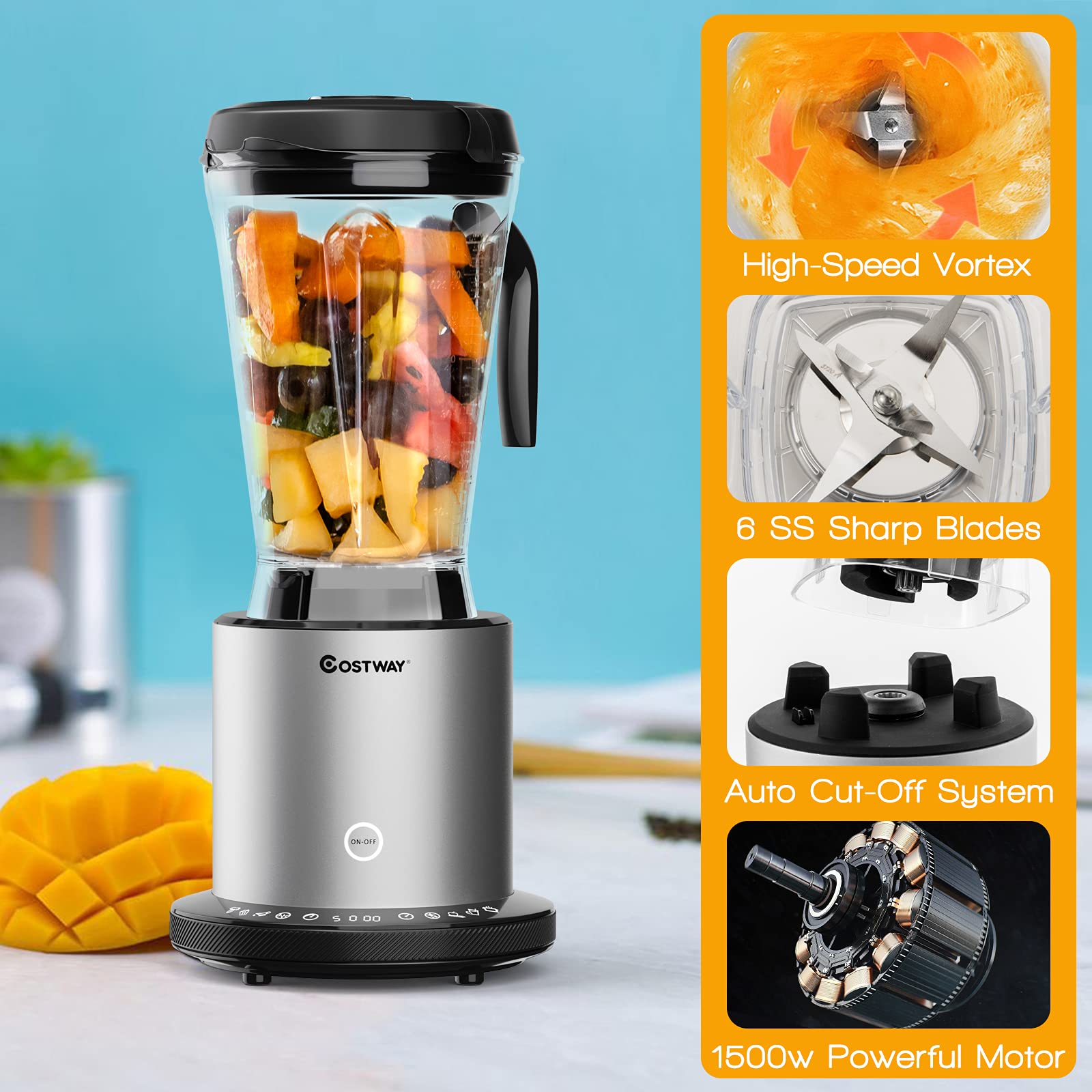 COSTWAY Professional 64oz Countertop Blender, Smoothie Maker Built-in Self-Cleaning with 10 Speed Control & 8 Pre-Set Programs, BPA-Free Pitcher, Crushing Blender for Smoothies, Frozen Fruit, 1500W