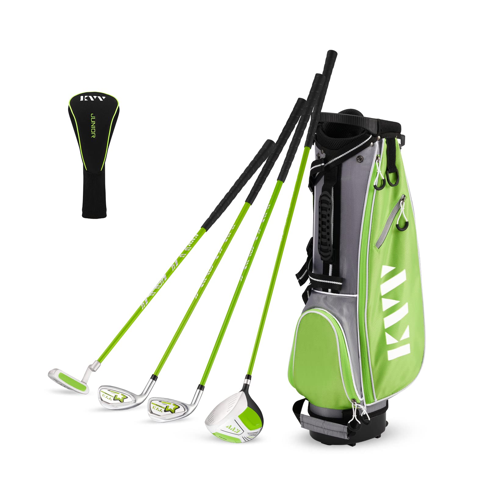 KVV Junior Complete Golf Club Set for Kids/Children Right Hand, 4-Piece Set Includes Oversize Driver, S# & 7# Irons, Putter, Head Cover, Portable Golf Stand Bag(Lime8-10)