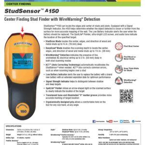 Zircon StudSensor A150 Wall Scanner and Center/Edge Locating Stud Finder with WireWarning Detection and Signal Strength Indicator, Center Finding