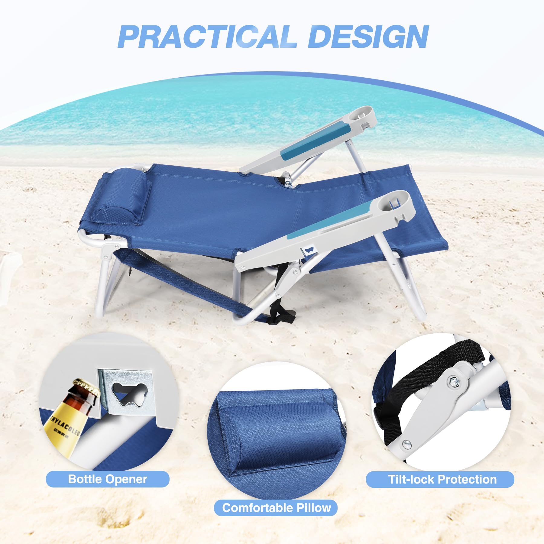 RedSwing Portable Backpack Beach Chair, Multi-Position Folding Low Beach Chair for Adults, Aluminum Heavy Duty Compact Chair for Concert, Beach, Picnic, 2 Pack of Blue