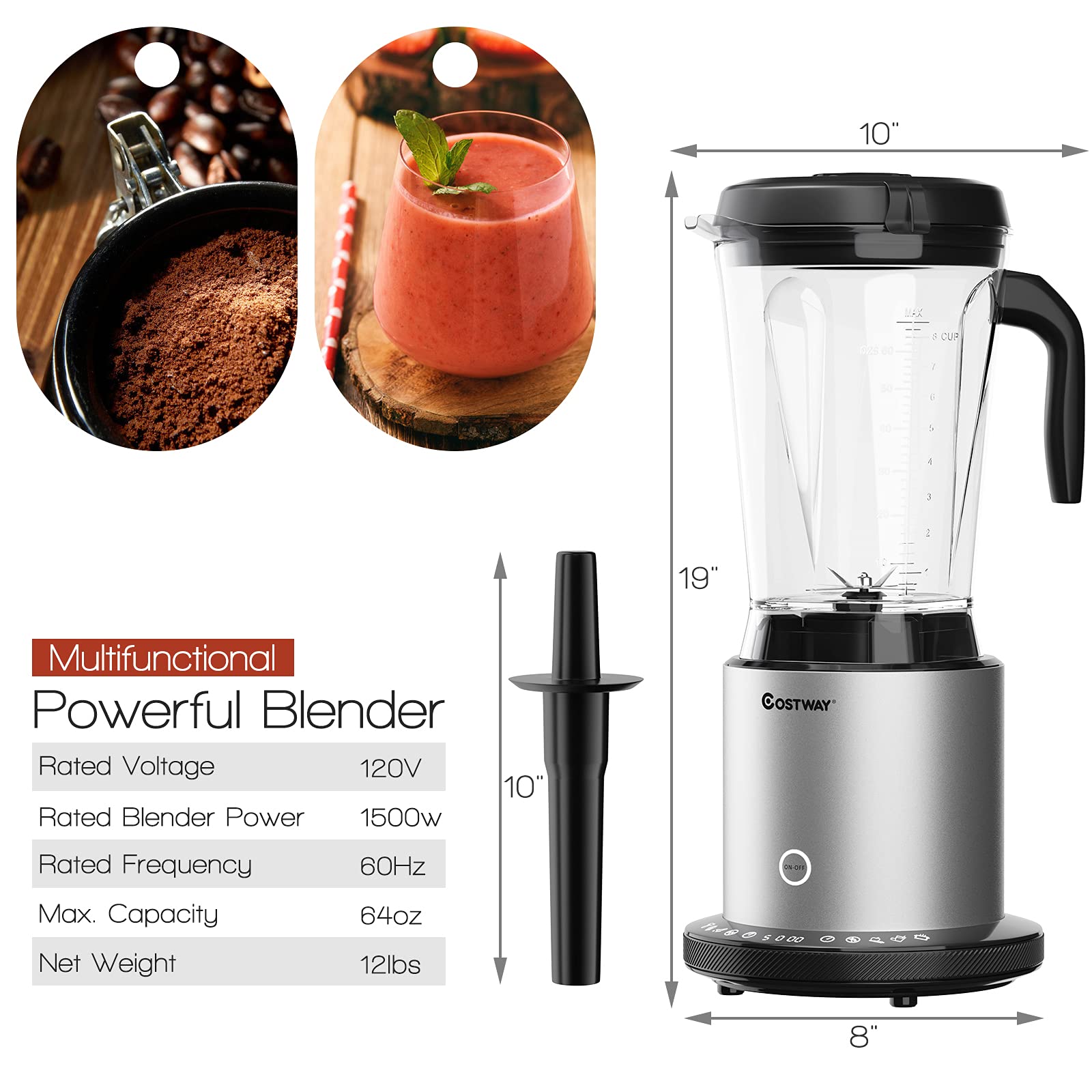 COSTWAY Professional 64oz Countertop Blender, Smoothie Maker Built-in Self-Cleaning with 10 Speed Control & 8 Pre-Set Programs, BPA-Free Pitcher, Crushing Blender for Smoothies, Frozen Fruit, 1500W