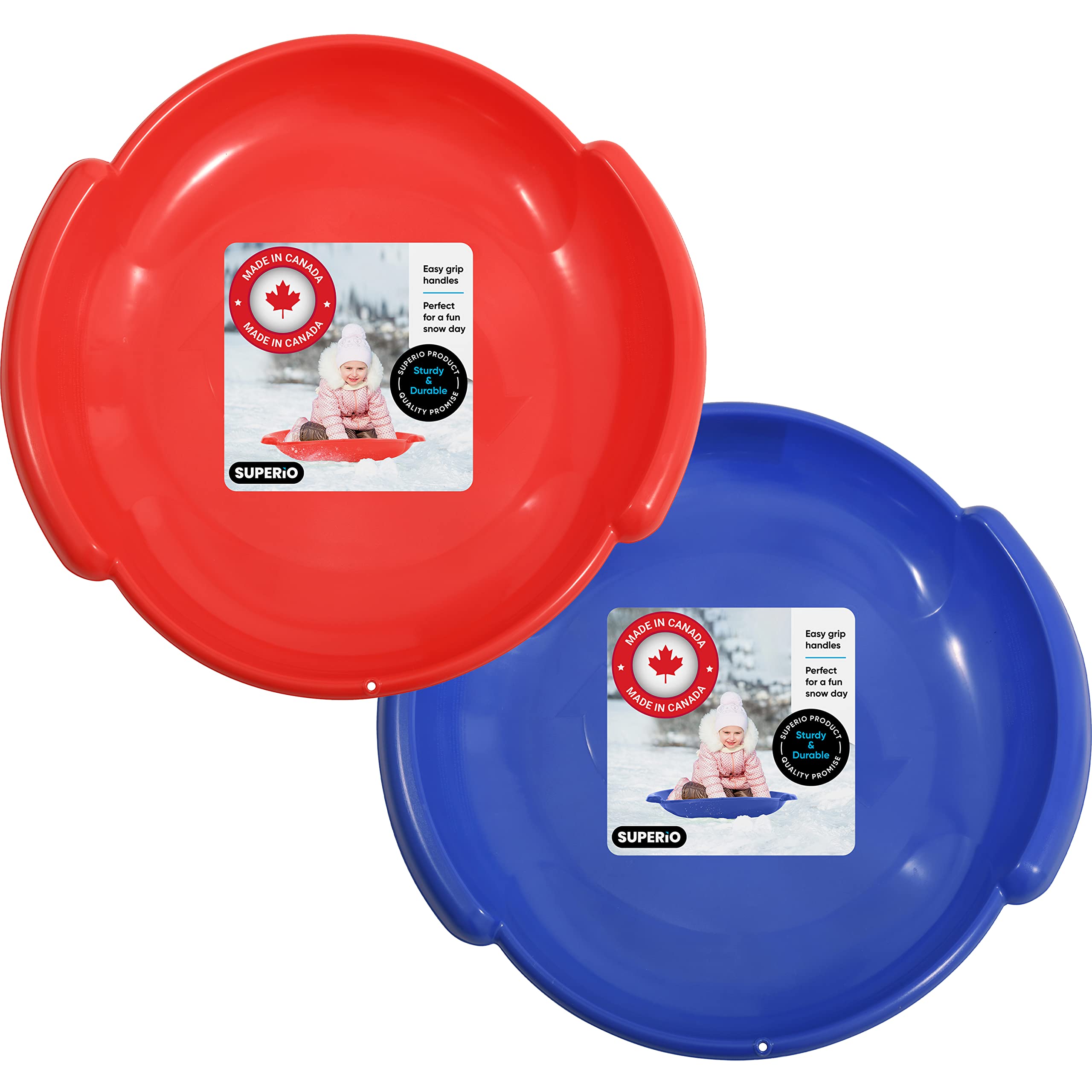 Superio Round Snow Saucer Sleds- 24” Plastic Disc Sleds for Kids and Adults- Heavy Duty Sled Discs with Handles for Downhill Sledding, Winter Outdoor Sports, (Red and Blue)