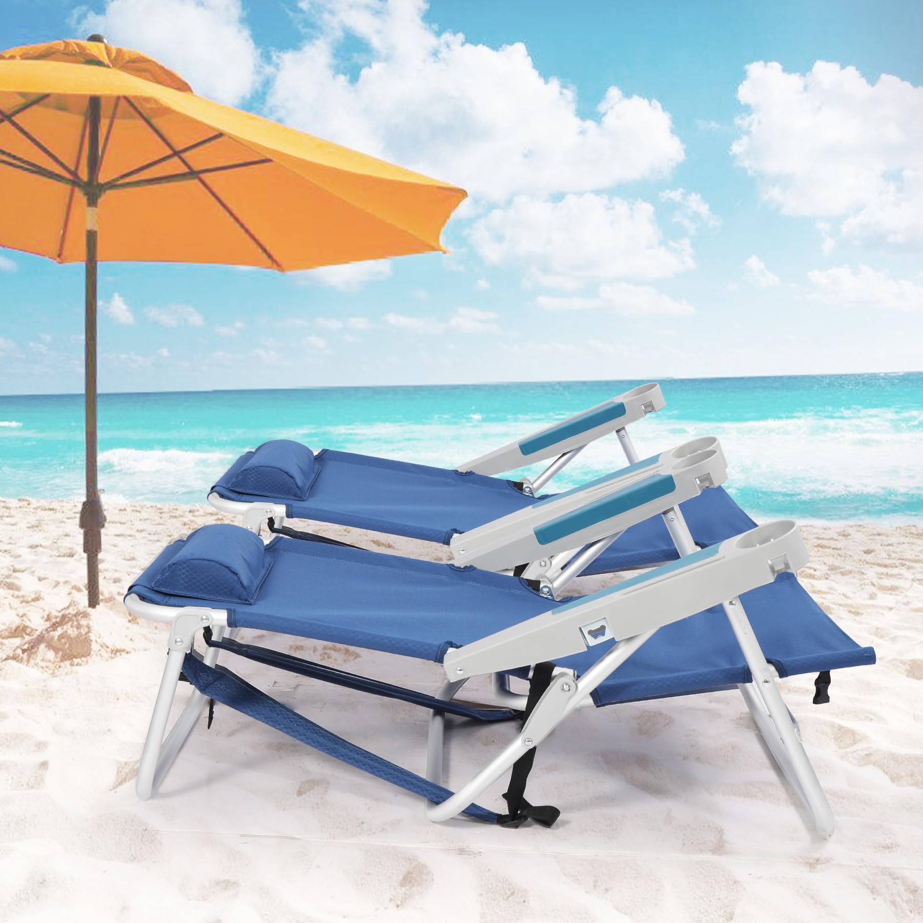 RedSwing Portable Backpack Beach Chair, Multi-Position Folding Low Beach Chair for Adults, Aluminum Heavy Duty Compact Chair for Concert, Beach, Picnic, 2 Pack of Blue