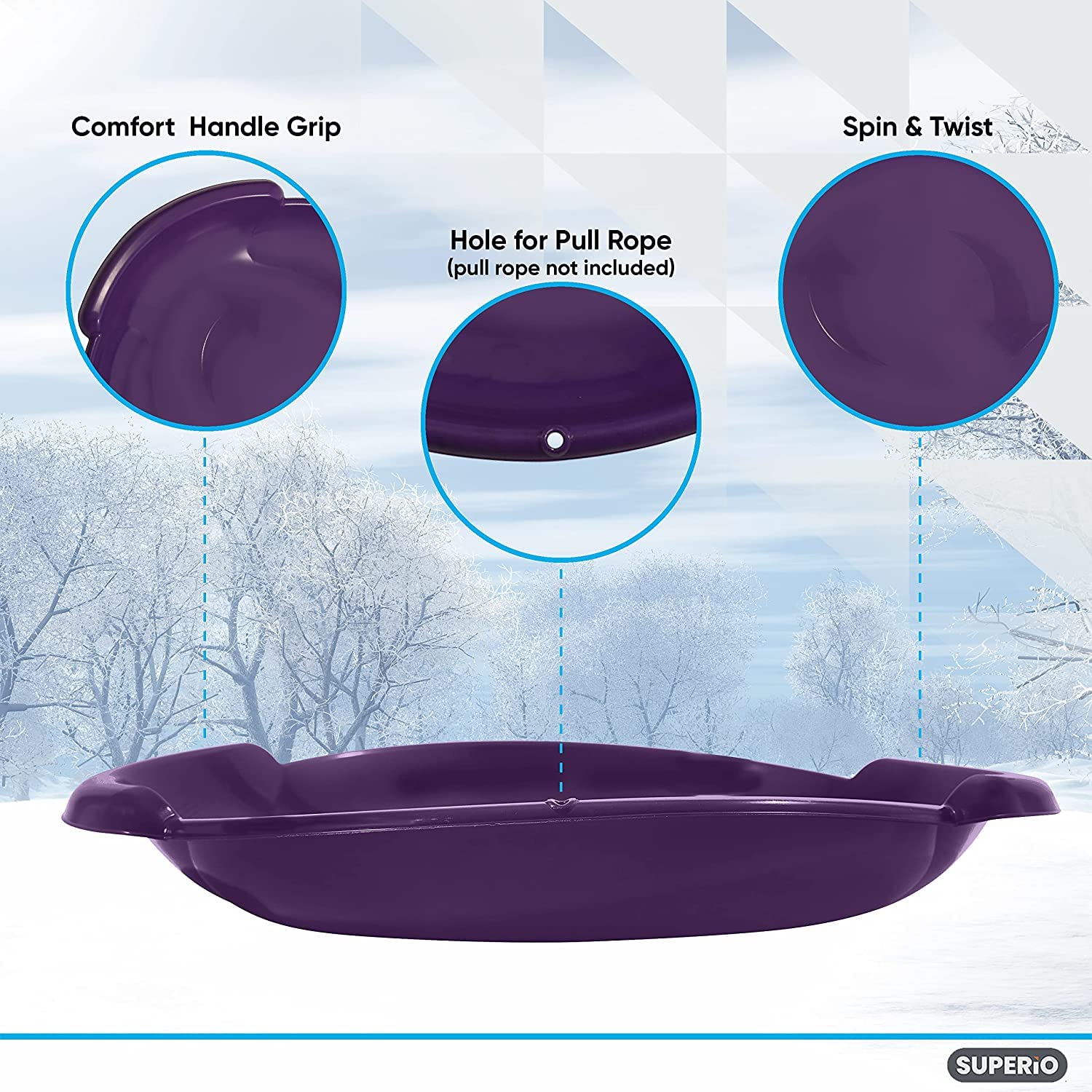 Superio Round Saucer Snow Sled, Purple Spiral Plastic Sled with Handles 24" Winter Snow Fun for Kids and Adults