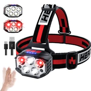 Headlamp Rechargeable, Super Bright 5 LED 14 Modes Head Lamps Flashlight for Adults Kids, w/ Adjustable Headband, Motion Sensor Headlight with Red Light for Outdoor Camping Gear Hiking Fishing Running