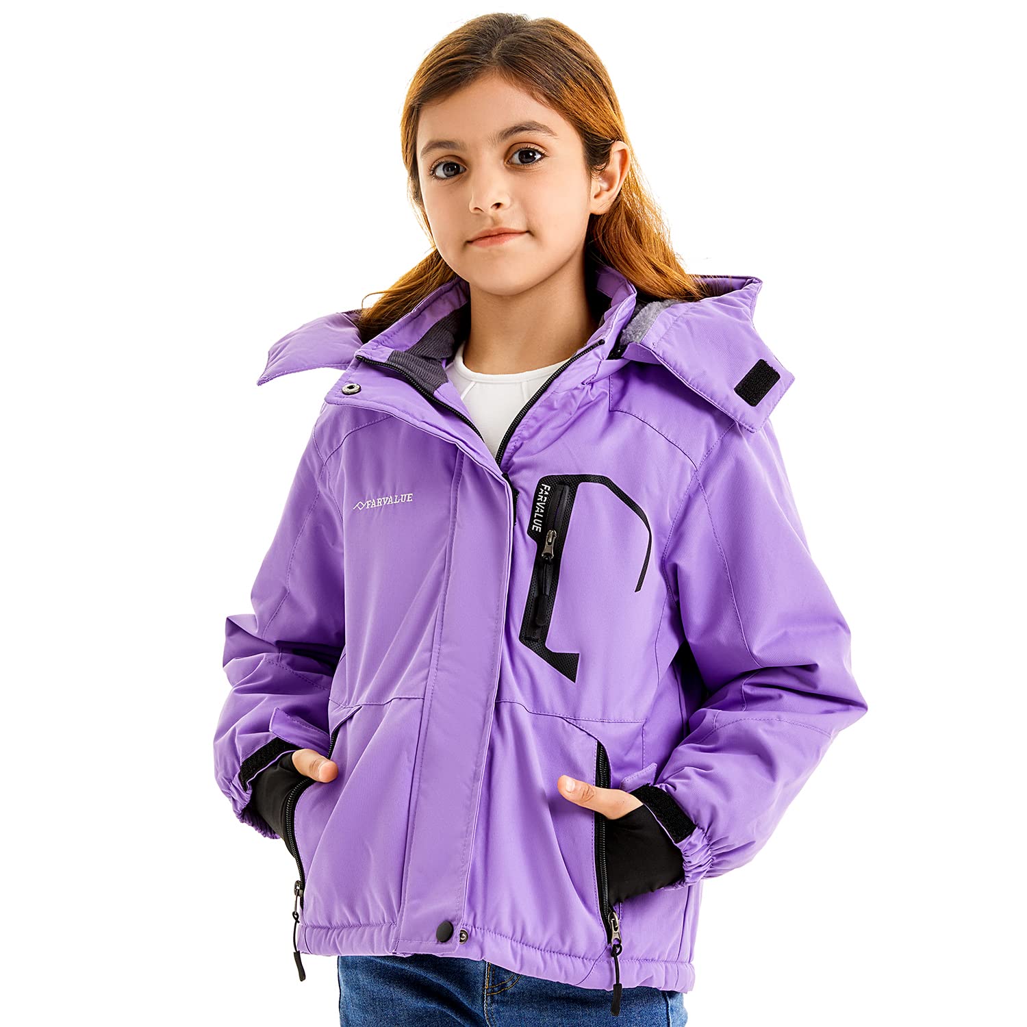 FARVALUE Girls Waterproof Skiing Jacket Windproof Winter Coat Warm Snow Coat with Removable Hood Purple 8