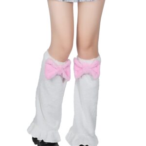 SATINIOR womens Kawaii Leg Warmer Fuzzy Fluffy Bow Cartoon Cosplay Over the Knee Socks, White and Pink, Medium