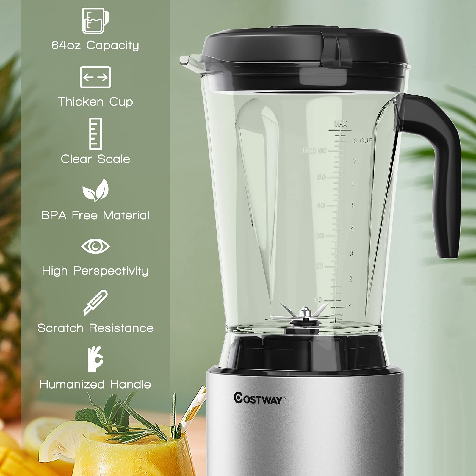 COSTWAY Professional 64oz Countertop Blender, Smoothie Maker Built-in Self-Cleaning with 10 Speed Control & 8 Pre-Set Programs, BPA-Free Pitcher, Crushing Blender for Smoothies, Frozen Fruit, 1500W