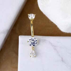 CM Crareesi Mania 10K Solid Gold Belly Button Ring Dangle 10K Yellow Gold Belly Rings 14G Navel Piercing Jewelry Teardrop Belly Bars