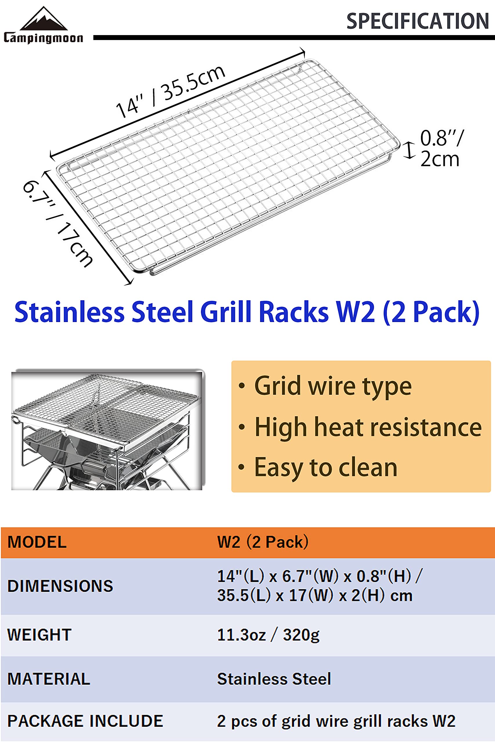 CAMPINGMOON Grill Racks Cooling Racks for Grilling Baking Cooking 304 Stainless Steel 2pcs set W2 14"(L) x 6 ¾"(W) Grid Wire Oven safe Dishwasher-safe