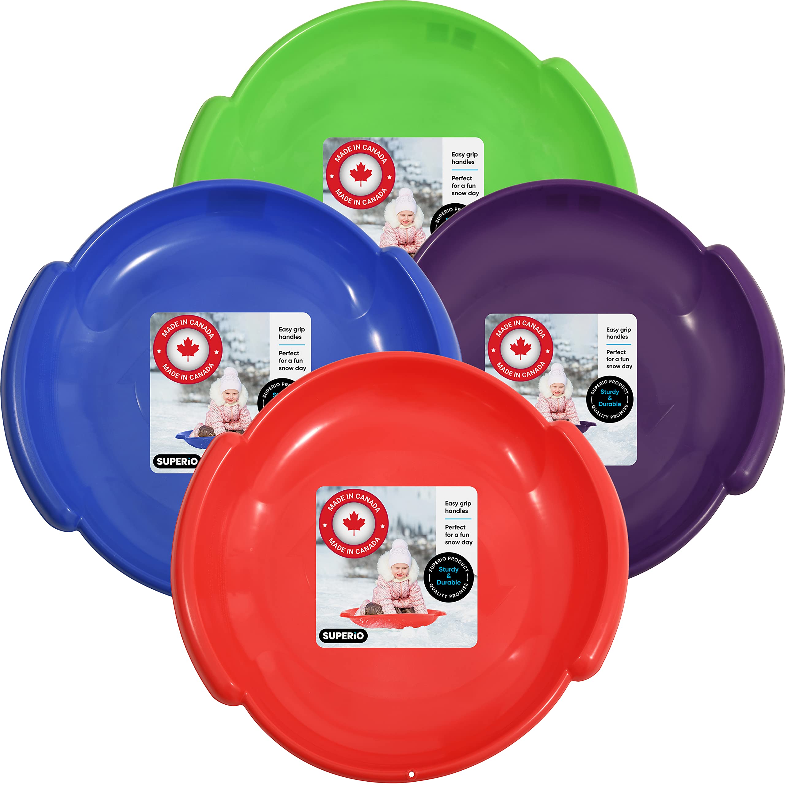 Superio Round Snow Saucer Sleds- 24” Plastic Disc Sleds for Kids and Adults- Heavy Duty Sled Discs with Handles for Downhill Sledding, Winter Outdoor Sports, (Red, Blue, Green, Purple)