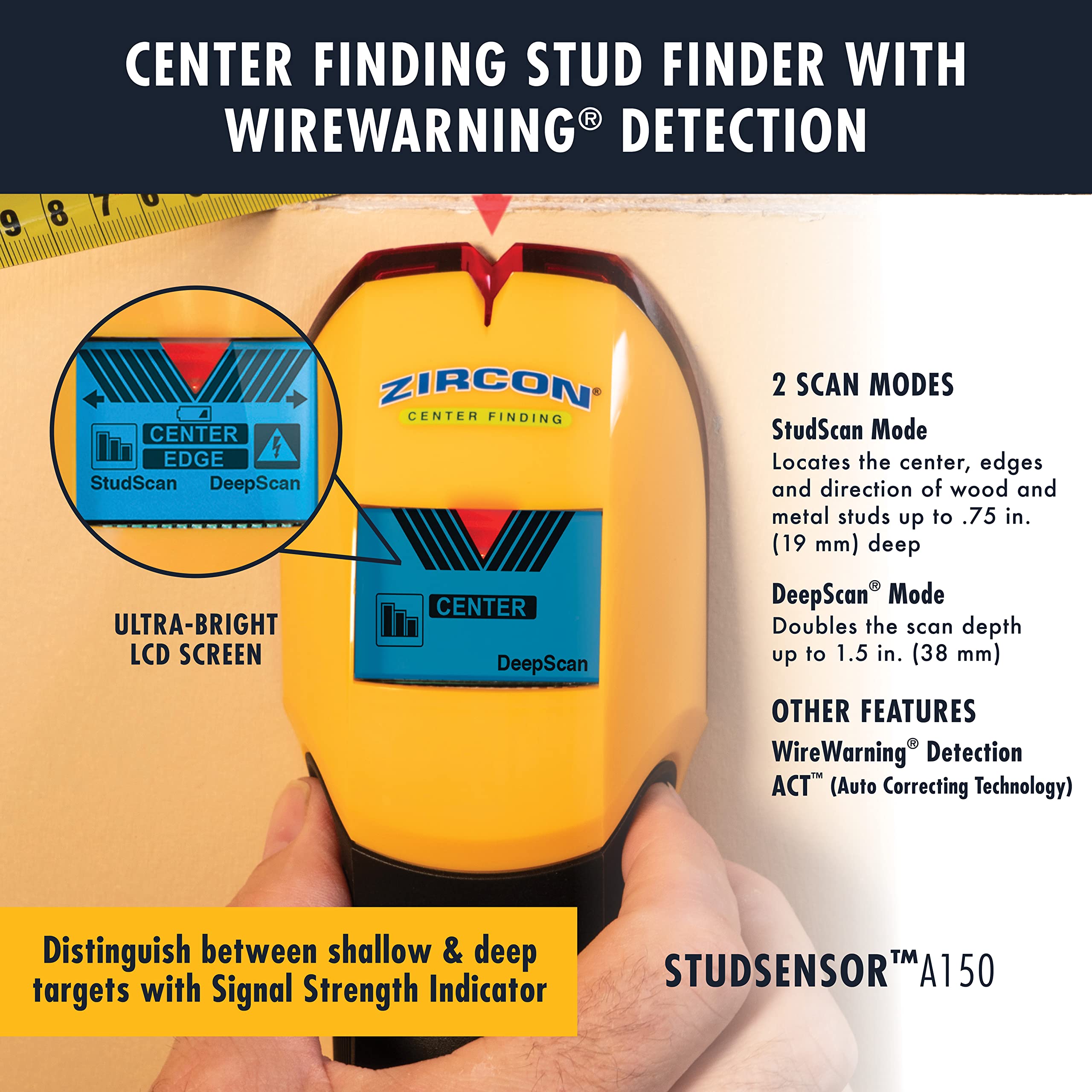 Zircon StudSensor A150 Wall Scanner and Center/Edge Locating Stud Finder with WireWarning Detection and Signal Strength Indicator, Center Finding