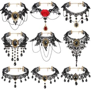 mtlee 9 pieces black gothic lace choker for women black victorian choker elegant retro necklaces for girl punk party steampunk vampire cosplay costumes jewelry