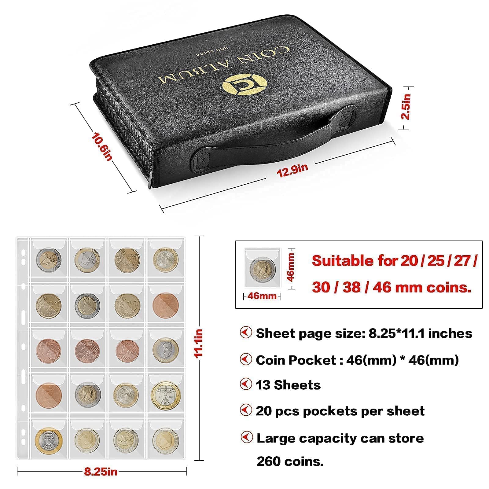 Coin Collection Supplies Book Holder for Collectors, Coins Collecting Album for 20 25 27 30 38 46mm. Coin Storage Display Organizer Case for Money Currency, Penny, Bill Commemorative