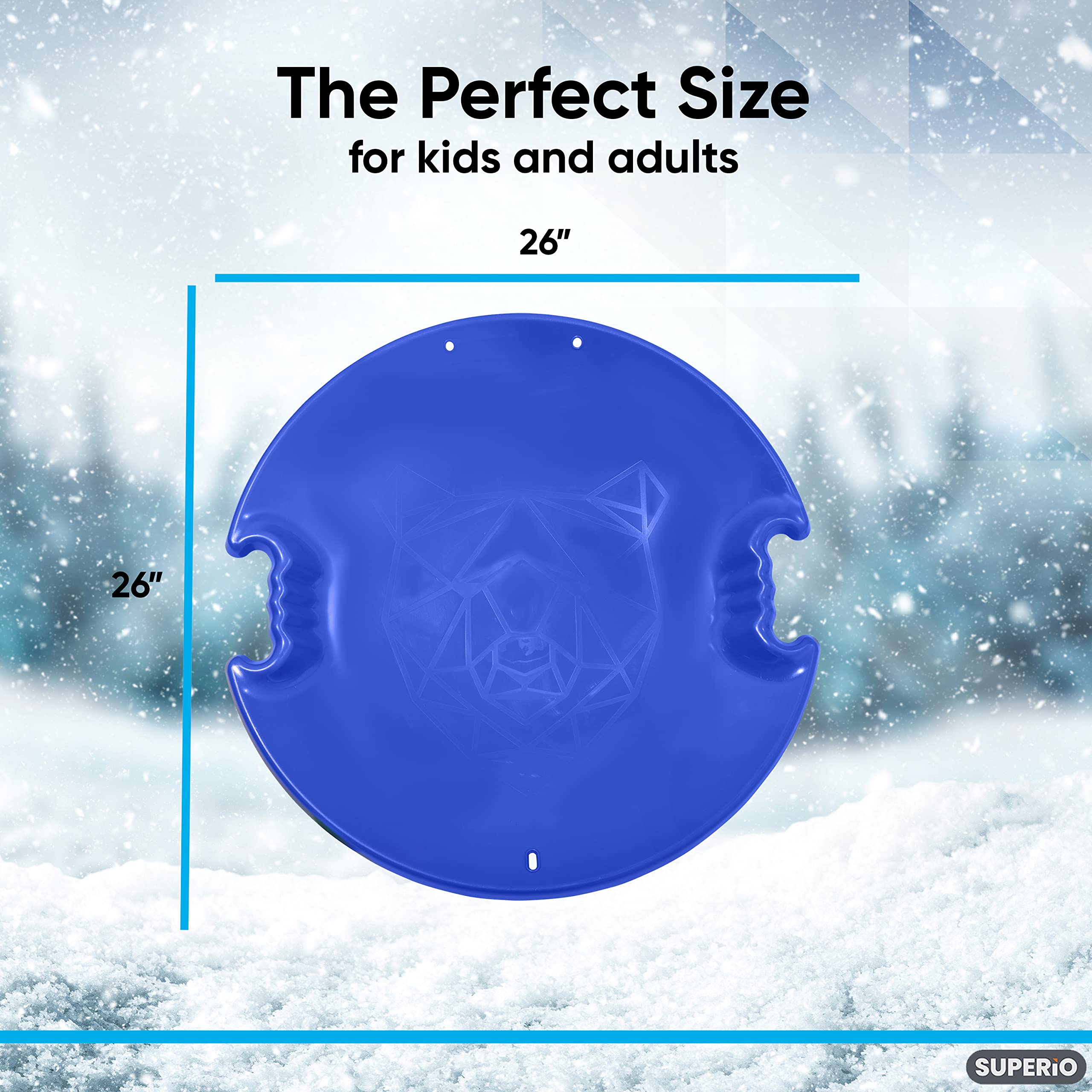 Superio Round Snow Saucer Sleds- 26” Plastic Disc Sleds for Kids and Adults- Heavy Duty Sled Discs with Handles for Downhill Sledding, Winter Outdoor Sports, (Red, Blue)