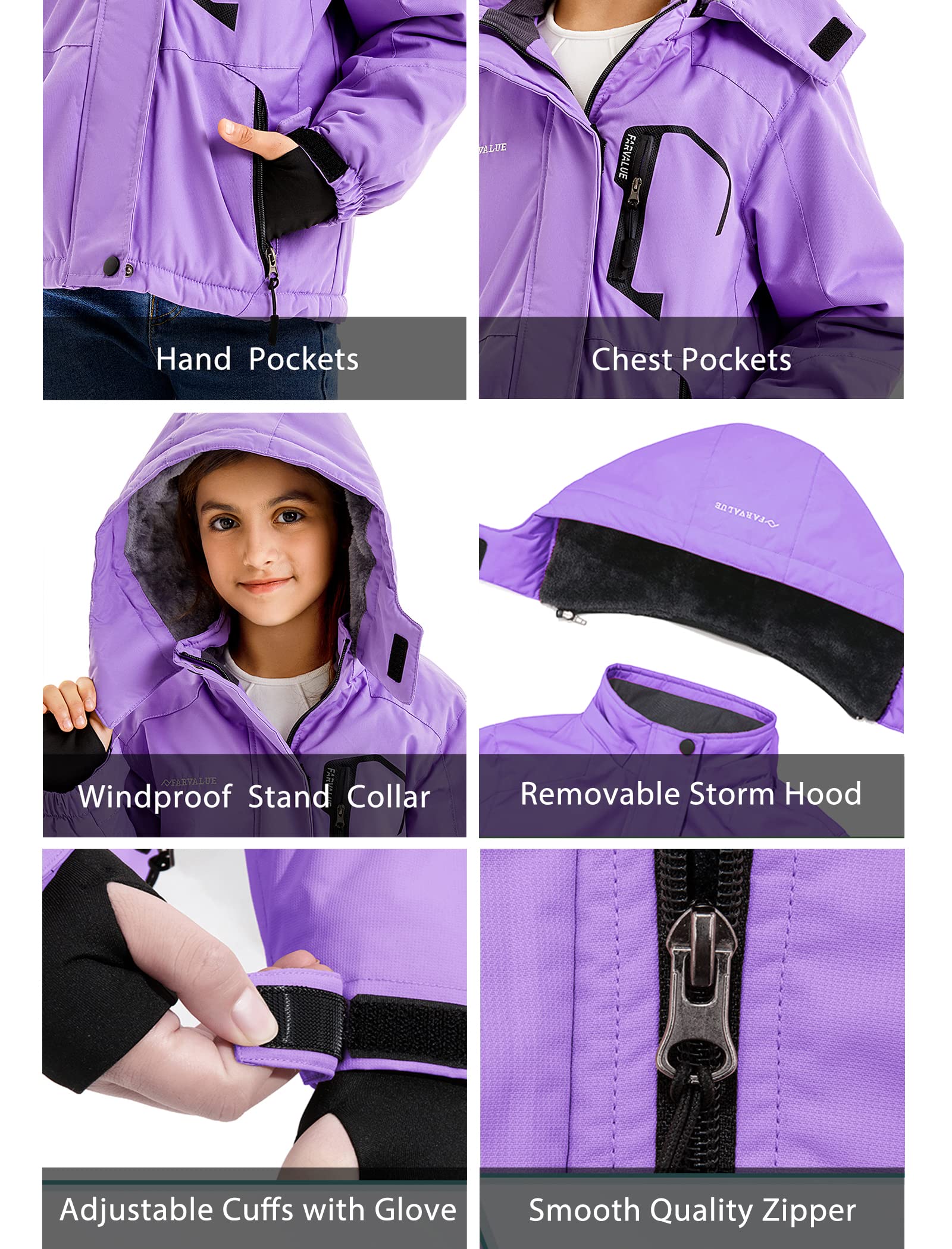 FARVALUE Girls Waterproof Skiing Jacket Windproof Winter Coat Warm Snow Coat with Removable Hood Purple 8