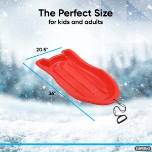 Superio Pack of 2 Toboggan Snow Sleds for Kids and Adults, 37" Plastic Sleds with Pull Ropes and Handles (Red-Blue)