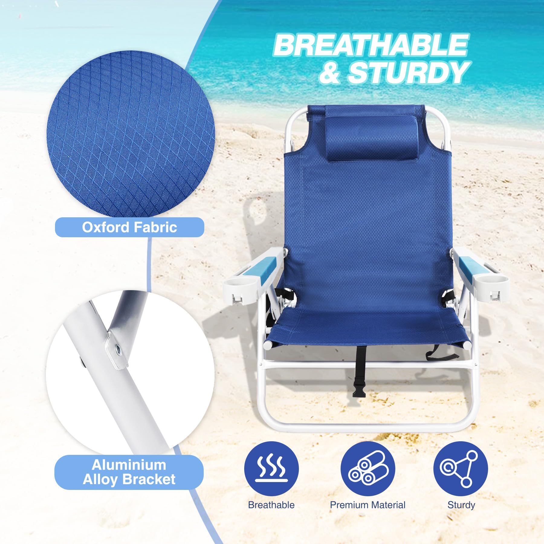 RedSwing Portable Backpack Beach Chair, Multi-Position Folding Low Beach Chair for Adults, Aluminum Heavy Duty Compact Chair for Concert, Beach, Picnic, 2 Pack of Blue