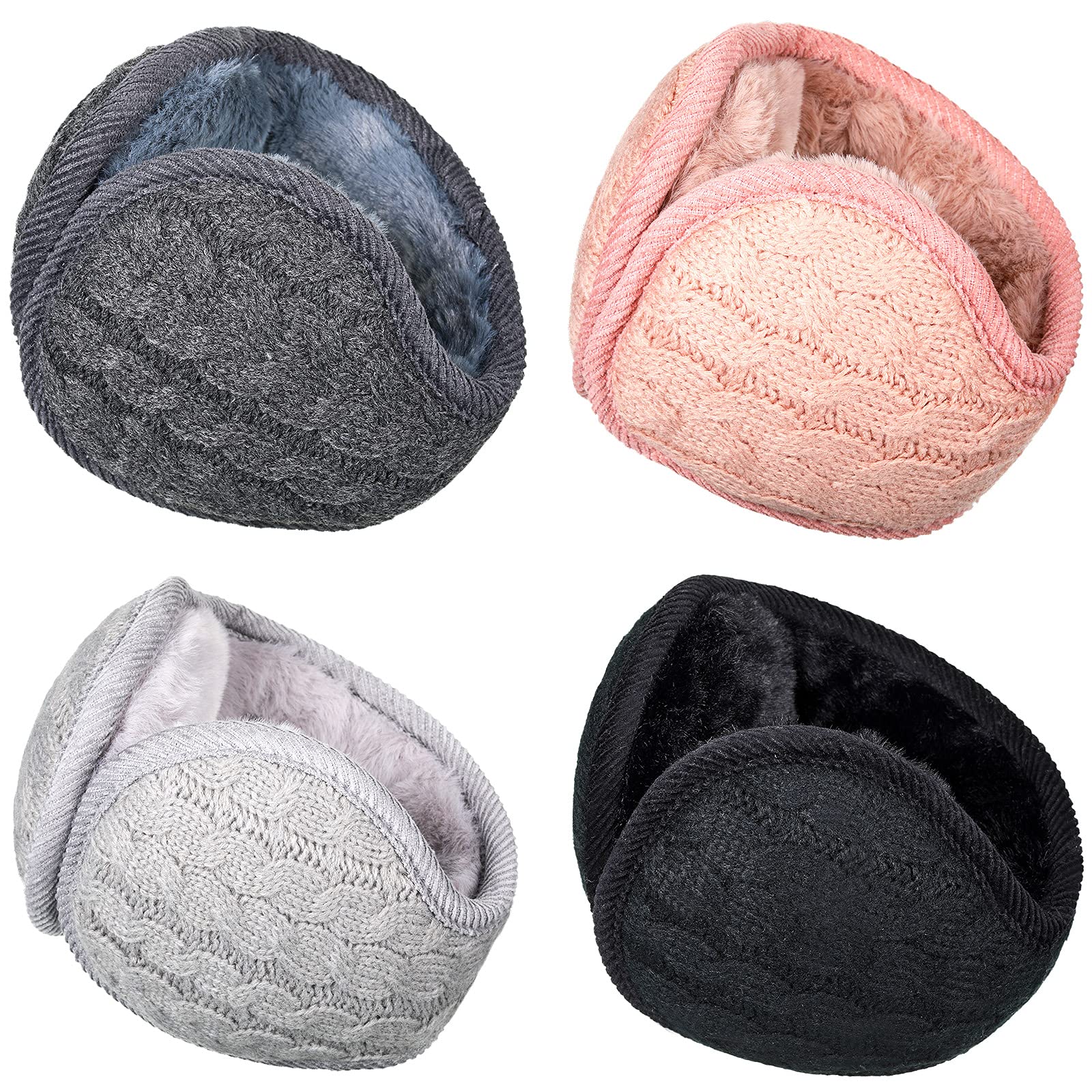 Ficerd 4 Pieces Unisex Warm Knit Earmuffs Furry Fleece Winter Ear Muffs Foldable Ear Covers Soft Pure Color Ear Warmer for Women Men Outdoor Activities