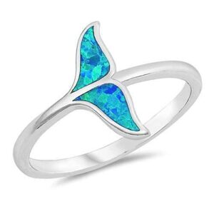 Sterling Silver 925 Fishy Tail Ring Simulated Blue Opal Whale Tail Stackable band Ocean Animal Jewelry for Women (10)