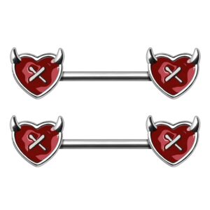 Pierced Owl 14GA Devil's Broken Heart 316L Surgical Stainless Steel Barbell Nipple Rings, Sold as a Pair