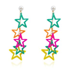 CHUNYANAN Boho Charm Hollow Colorful Acrylic Five-pointed Star Exaggerated Dangle Drop Earrings Color Five Stars With Pearl Drop Earrings Sparkly Chic Jewelry Gift (Colorful Acrylic Five-pointed Star)