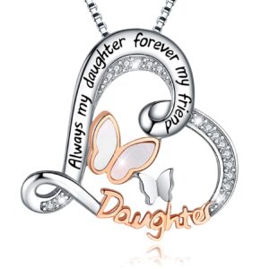 ASLBUNM Daughter Necklace 925 Sterling Silver Butterfly Jewelry Always My Daughter Forever My Friend Love Heart Pendant Necklaces Birthday Gifts for Daughter